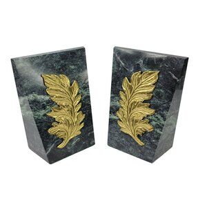 Vtg MCM Art Deco Decorative Crafts Inc Bookends Green Marble & Brass Leaf